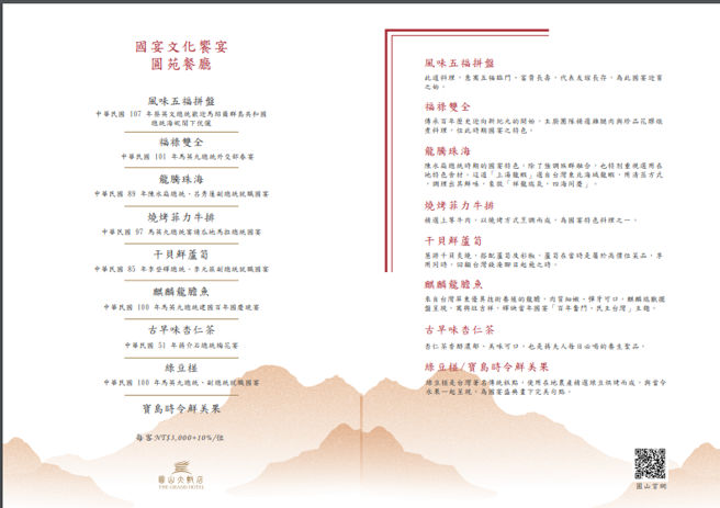 圓山飯店國宴菜單。（圖截自圓山官網）