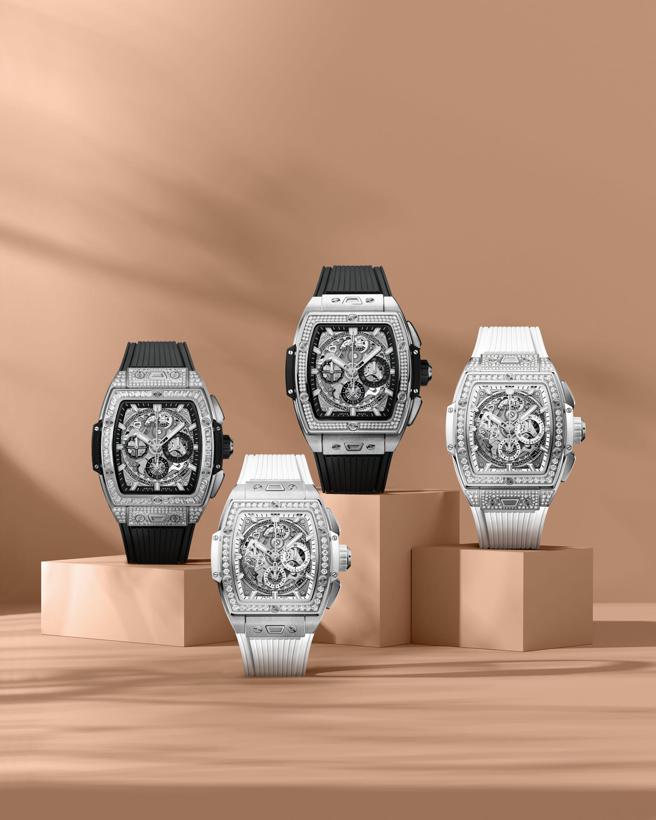 宇舶表Spirit of Big Bang钛金镶钻计时码表，钛金属镶钻款式加上酒桶型的外观十分吸睛。（HUBLOT提供)