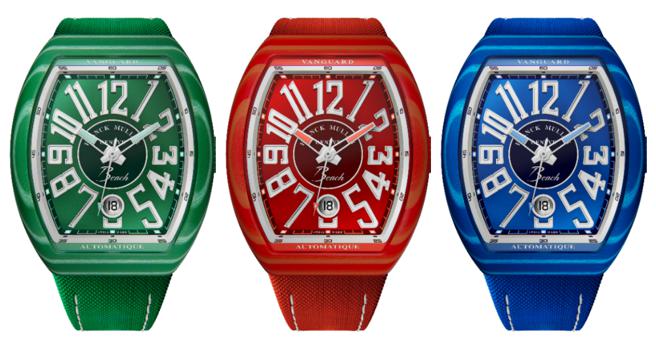 FRANCK MULLER推出红、蓝、绿色系的Vanguard Beach系列腕表，招牌的酒桶型表壳风格鲜明。（FRANCK MULLER提供)
