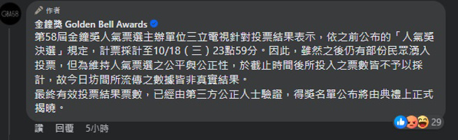 主办单位对于人气奖票选遭质疑有失公平性一事做出解释。（图／金钟奖 Golden Bell Awards脸书）
