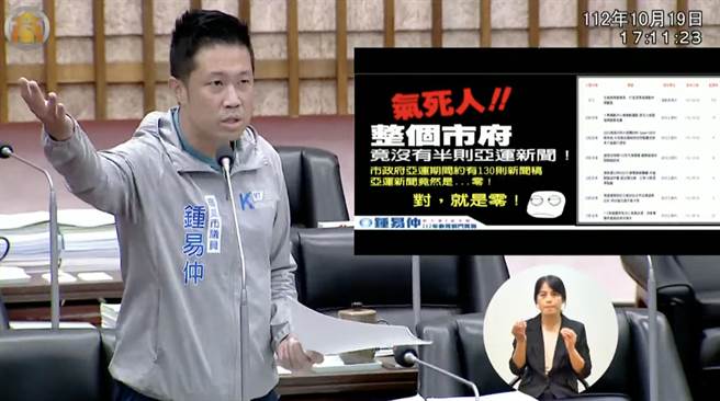 高雄市议员锺易仲昨质询指出，亚运期间各县市无不主动宣传自家选手，但高市有37位选手获奖，市府及运发局竟连一篇新闻稿都没有，对选手冷漠。（柯宗纬翻摄）