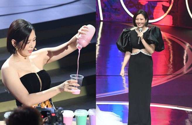 刘品言在金钟奖舞台上表演摇饮料。（图／三立提供）