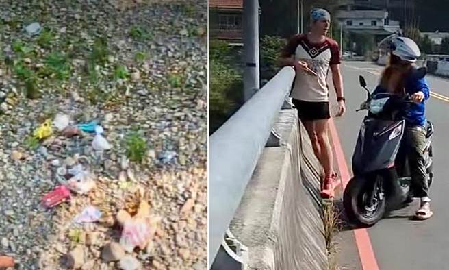 跑山兽罗培德得知妇人边骑机车边将垃圾丢下爱村桥下的南港溪，心痛质问为何不爱护家乡？（民眾提供／杨静茹南投传真）