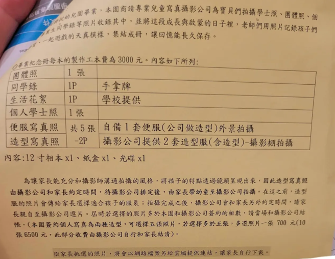 幼兒園畢業紀念冊一本3000元，引發網友討論。(翻攝自匿名公社)
