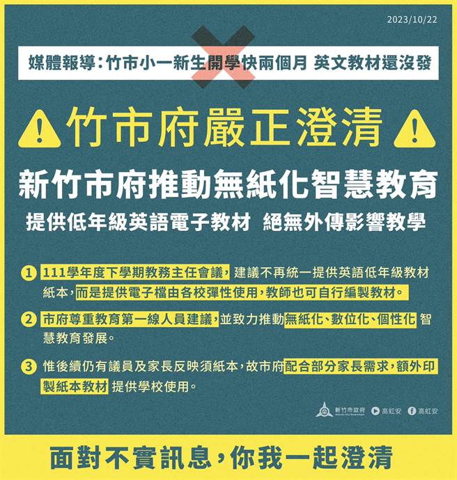 竹市府教育处澄清，在111学年度下学期的教务主任会议时，「各校就已提出相关共识，尔后建议不再提供英语低年级教材纸本，而改提供电子檔由各校弹性使用，或依实际需求来印制」。（新竹市政府提供／陈育贤新竹传真）