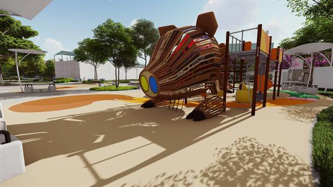 「猪事圆满公园」2期将设置「嘉年华共融游戏场」游戏沙坑结合溜滑梯游具、遮荫设施、洗涤区，并有着客制化、具挑战的小山猪游戏组。（台中市政府提供／冯惠宜台中传真）