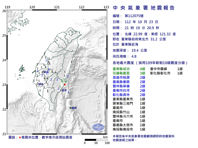 21:19台東近海規模4.8地震。（氣象署）