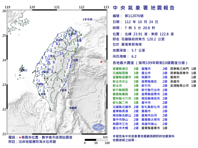今天上午7點05分東部海域發生規模6.2地震，最大震度3級。（中央氣象署提供）