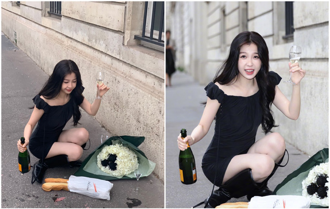 虞書欣把長棍麵包放地上而被砲轟。（圖／微博@虞書欣）