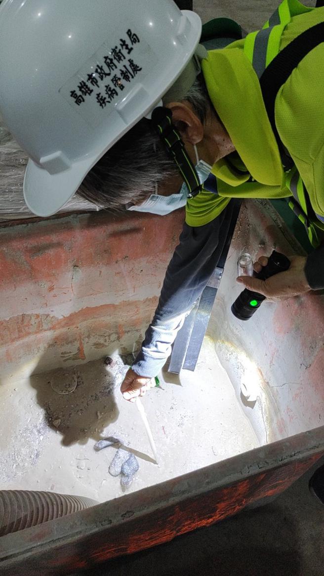 防疫人员查获工地内大型储水桶孳生病媒蚊孑孓及採证。（图片来源：高雄市卫生局提供）
