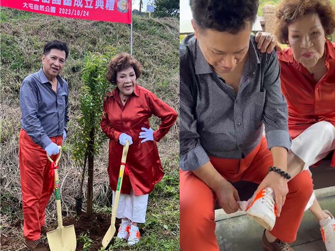 周游与李朝永到阳明山大屯自然公园植树，李朝永贴心帮阿姑擦鞋。（李朝永提供）