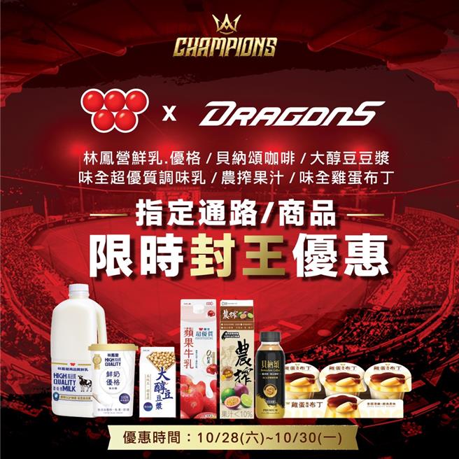 味全慶賀味全龍贏得2023年下半季冠軍，限時推出明星商品折扣。（味全提供／朱世凱台北傳真）