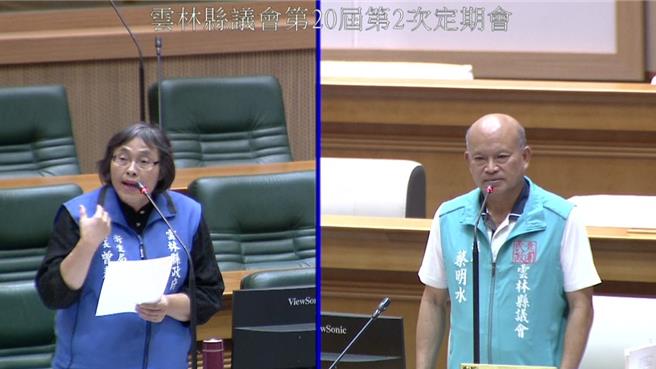 雲林縣議員蔡明水（右）25日質詢雲林縣衛生局長曾春美（左）重度酒癮者長期鬧事擾鄰該怎麼辦。（周麗蘭攝）