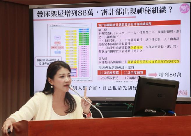 立委林楚茵今赴立法院財政委員會質詢，質疑審計部的關鍵審計議題發展委員會找不到職務內容，宛如黑機關。（林楚茵國會辦公室提供）