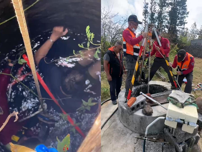 警消何名鸿垂降至井内，并将繫绳结固定在坠井的老妇身上；警消在井栏上架起「立坑三角架」后，合力将老妇拉起脱困。（澎湖县政府消防局提供／许逸民澎湖传真）