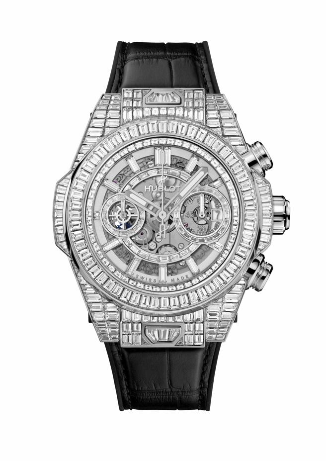 宇舶表BIG BANG UNICO白金方鑽計時碼表，約1144萬5000元。（HUBLOT提供）