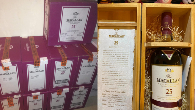 网友在家中仓库翻出9箱威士忌，结果有内行人透露，这是一支要价8万元的「麦卡伦25年雪莉桶单一纯麦威士忌」，9箱要价超过400万元。（合成图／翻摄自「爆废公社二馆」脸书）