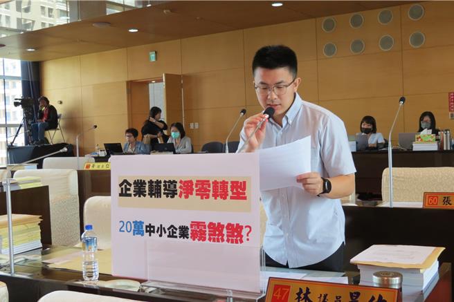 台中市议会25日财政经济业务质询，台中市议员林昊佑指出，面对欧盟将课碳税、台湾2025也要开徵碳费，市府1年编列的经费却仅能辅导50家厂商，要求市府要更积极。（张亦惠摄）