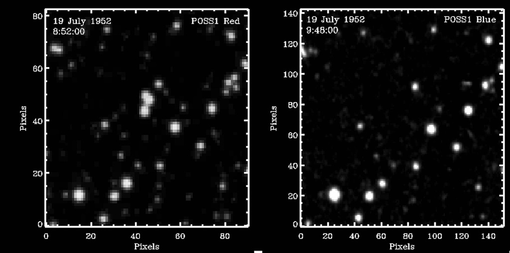 近代天文之謎，晚間8點52分所拍攝的3個光點，下個小時的9點48分，同一天區卻再也看不到那3個光點。(圖/Palomar Observatory)