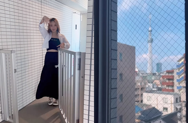 翁馨儀曬出東京新買房產的大門口，遠景可以眺望晴空塔。（圖／翻攝自翁馨儀臉書）