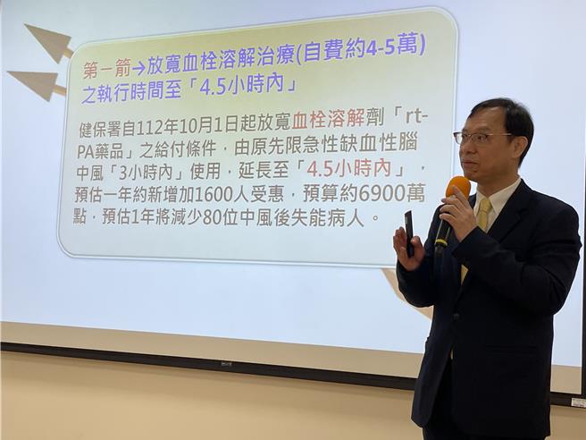 健保署署長石崇良表示，對抗中風射出雙箭，黃金治療時間將從3小時延長至24小時。（鄭郁蓁攝）
