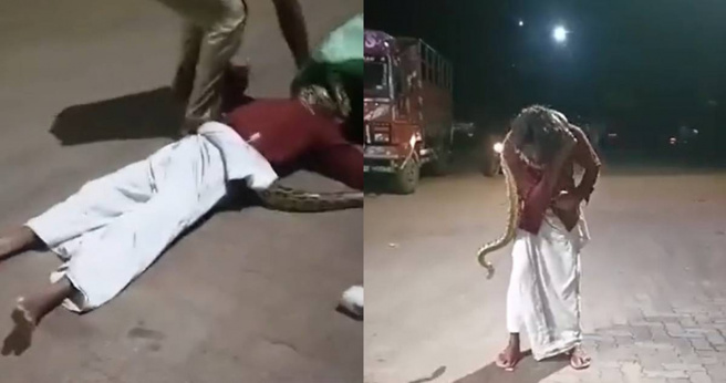 印度喀拉拉邦一名男子錢德蘭（Chandran），因為喝得爛醉，便抓起蟒蛇想自拍，沒想到卻被蟒蛇緊緊纏繞住脖子，幸虧一旁加油站的員工阿布舍克（Abhishek）上前幫忙，才保住一命。（圖／Twitter／@Ramith18）