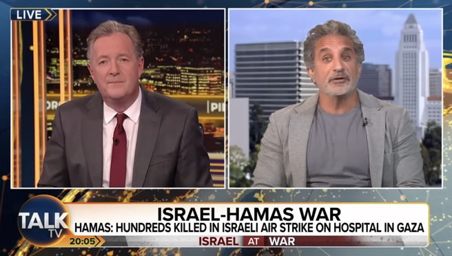 英國名嘴摩根（左）在主持的節目中與埃及名嘴尤塞夫（右）激辯，摩根當場啞口無言，影片在網路上不到10天獲得1960多萬次點閱。（圖／翻攝自Piers Morgan Uncensored YouTube）