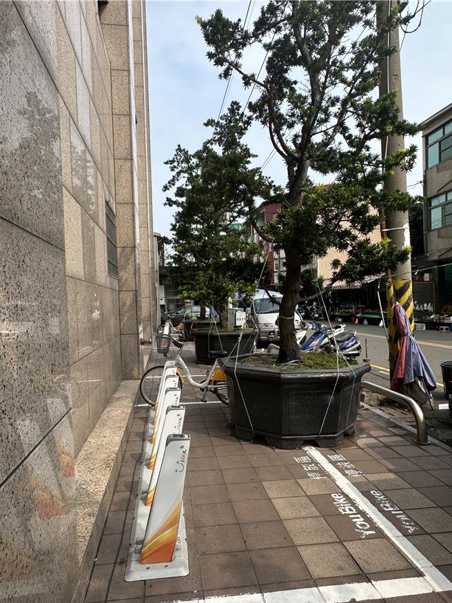 台中市后里區農會外的iBike站，有4個車柱被大盆栽擋住，民眾無法順利借還車。（陳淑娥攝）