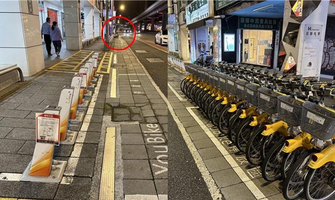 社民黨台北市議員苗博雅27日揭露，位在復興北路的駐車點，竟出現無車可借，但一旁自行車停車區卻綁了數十輛Youbike無法供民眾使用。（苗博雅辦公室提供／丁上程台北傳真）