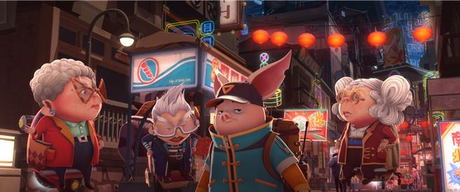 许光汉声演的「赛博胖客八戒」身处未来城市，是个爱耍小聪明的街头鲁蛇。（GrX Studio瀚草文创提供）