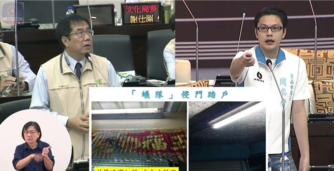 台南市议员周奕齐30日市政总质询时，批评山区行道树零检测，甚至「蚁队」侵门踏户，在家都不得安寧，要求市府重视。（摘自台南市议会直播画面／洪荣志台南传真）