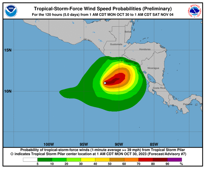 颶風皮拉爾的行徑預測圖，從東太平洋直撲薩爾瓦多。(圖/NOAA)