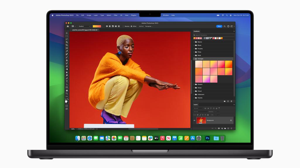 Apple搭載 M3 Pro的MacBook Pro 在「Adob​​e Photoshop」中提供更快速的濾鏡和功能表現。（Apple提供／古明弘台北傳真）