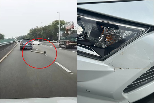 国道惊魂！天外飞来「大斧头」砸中刚牵4月新车，车主傻眼了。(翻摄脸书爆料公社/网友提供)