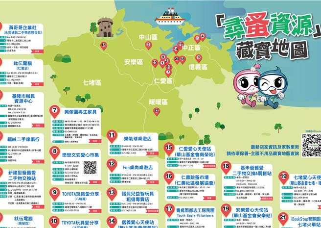 基隆市環保局為促進「不用品」之再利用，於基隆市設有141個「不用品」實體站點。圖為基隆市內各種「不用品」的實體站點地圖。（基隆市環保局提供／徐佑昇基隆傳真）