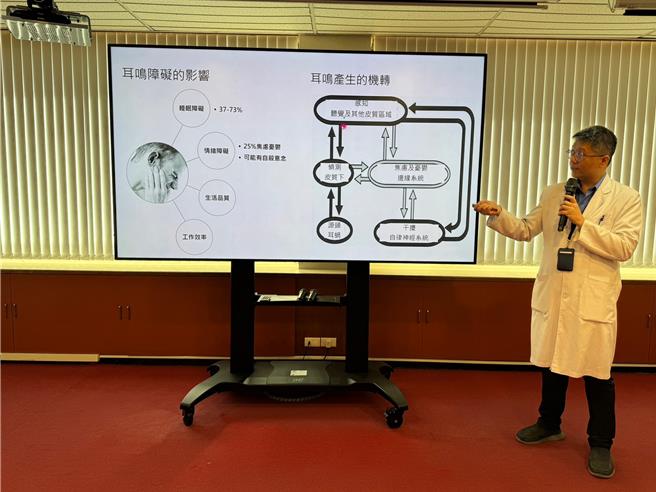 台中榮總醫療團隊日前參加2023年世界精神醫學會年會發表論文「慢性耳鳴患者的睡眠多項式生理檢查指數、睡眠品質、阻塞性睡眠呼吸中止和憂鬱的相關性研究」。（馮惠宜攝）