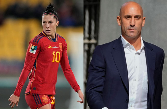 西班牙足球协会（RFEF）前主席卢比亚雷斯(右)，在西班牙国家队女足世界杯夺冠后，颁奖典礼上未经艾尔莫索（左）同意就亲吻她。(照片合成)