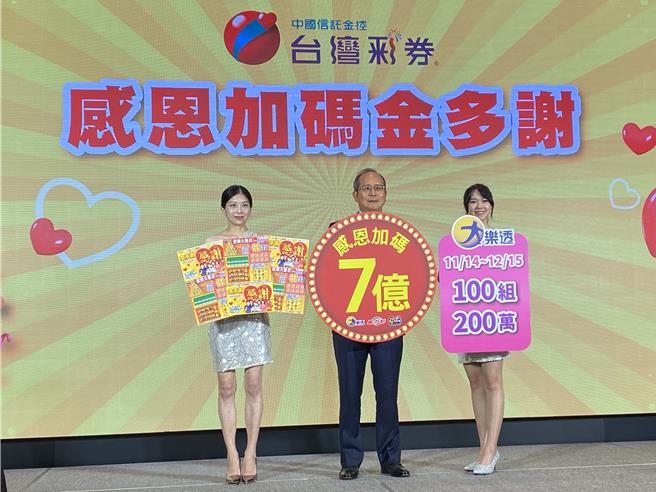台灣彩券感恩加碼獎金達7億元，總經理謝志宏(中)表示，大樂透首次加開100組200萬元。(洪凱音攝)
