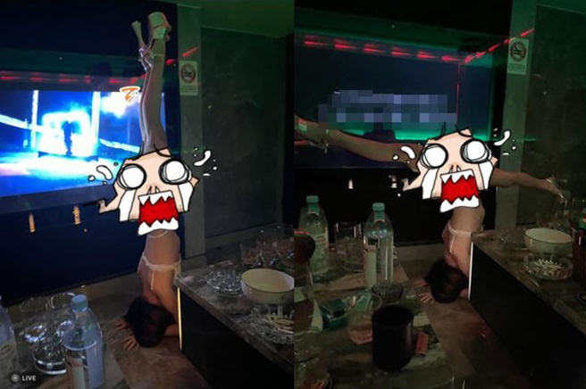 女網友拍下疑似酒店小姐在包廂內大秀「倒立、一字馬」。（圖／翻攝自爆廢公社二館）★中時新聞網關心您：喝酒過量，有礙健康；酒後不開車，安全有保障！