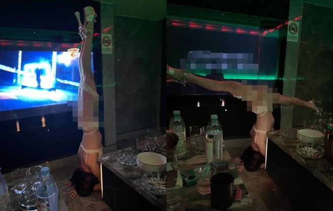 女網友拍下疑似酒店小姐在包廂內大秀「倒立、一字馬」。（圖／翻攝自爆廢公社二館）★中時新聞網關心您：喝酒過量，有礙健康；酒後不開車，安全有保障！
