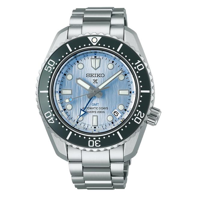 SEIKO Prospex欢庆110周年「Save the Ocean」GMT限定版腕表，水蓝色表盘，5万7500元。（SEIKO提供）
