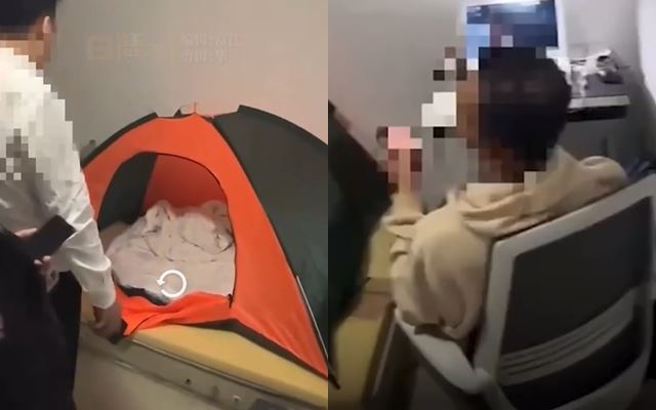 大陆上海1男子躲在商场楼梯间，半年后才被发现，除了帐篷、笔电都有外，该区域的环境还打扫的很乾净。（图／翻摄自微博）