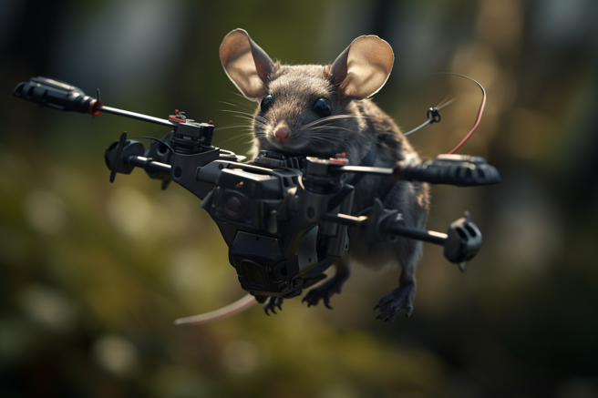 一只倒楣的老鼠紧紧抱着在1架俄罗斯穿越机（FPV）自杀无人机上所安装的火箭推进榴弹（RPG）弹头，撞向乌军阵地。（张威翔 制图）