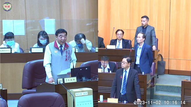 桃园市议员李家兴2日质询关心杨梅富冈集义祠公墓议题。(蔡依珍摄)