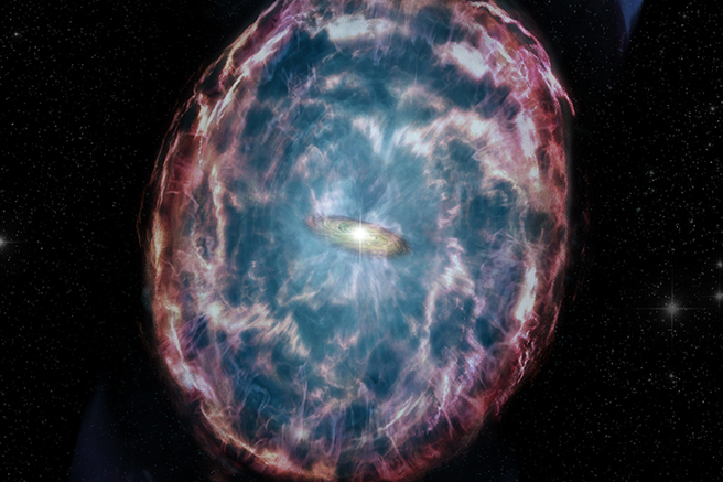 NASA 钱德拉 X 射线天文台研究 GW170817中子星合併，产生的重力波。（Credit: X-ray: NASA/CXC/Northwestern Univ./A. Hajela et al.; Illustration: NASA/CXC/M.Weiss）
