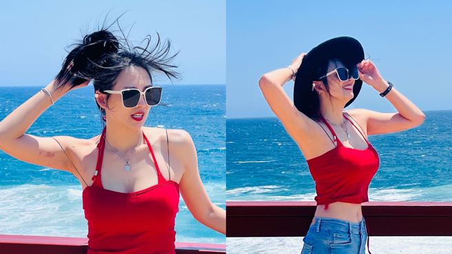 阿喜近日到澳洲拜倫灣遊玩，不忘更新美照造福粉絲。（圖／翻攝自阿喜臉書）