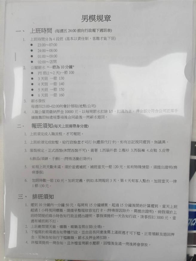 男模会馆要求旗下牛郎签署规章，涉苛待牛郎。（警方提供）
