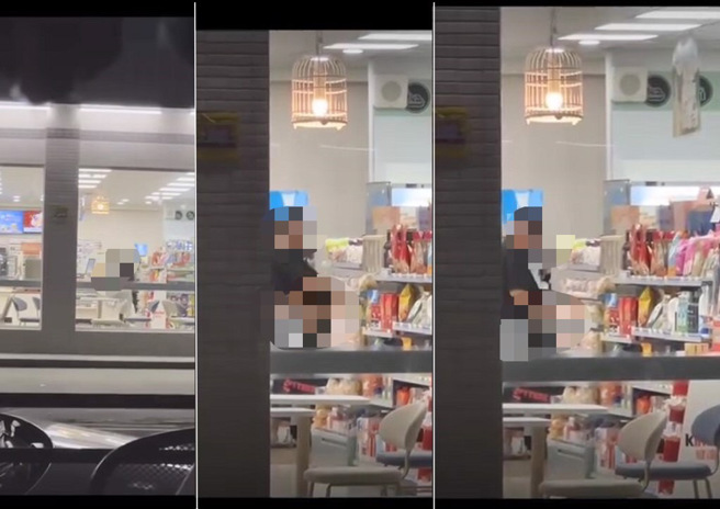 男子与女店员在店内做出不雅动作。（合成图、翻摄爆怨公社）