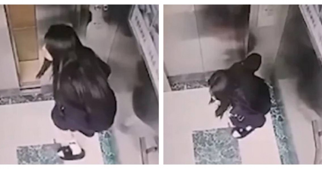 长髮妹竟然把电梯当厕所，进入电梯后直接脱下裤子解放。（图／翻摄自星视频）