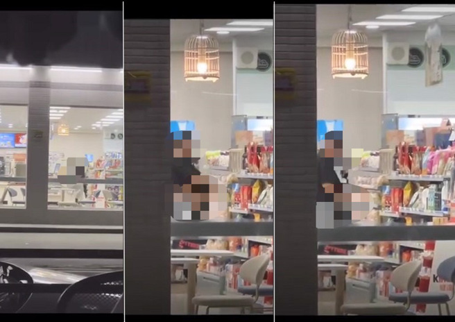 男子与女店员在店内做出不雅动作。（合成图、翻摄爆怨公社）